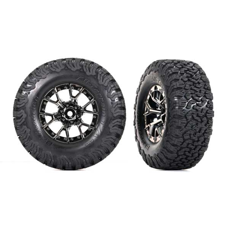 TRA10187-BLKCR Traxxas Ford Raptor R black chrome wheels, BFGoodrich® All-Terrain™  T/A® KO2 tires, foam inserts (2)