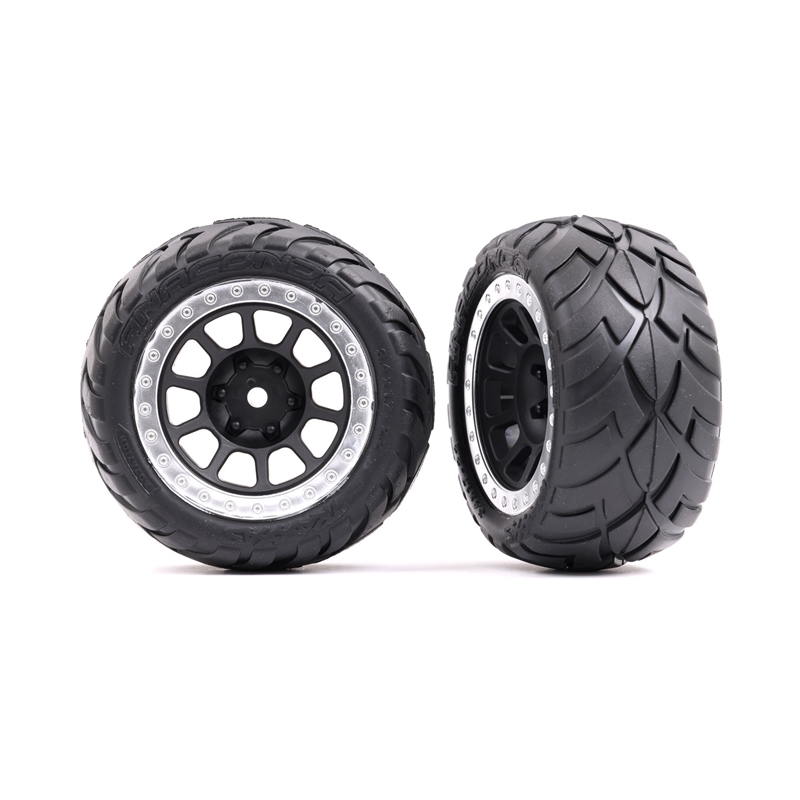 TRA2478G Traxxas Tires & wheels, assembled (2.2" black, satin chrome beadlock wheels, Anaconda® 2.2" tires with foam inserts) (2) (Bandit® rear)