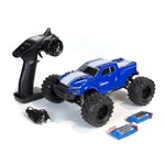 Volcano-16 1/16 Scale Monster Truck - Ready to Run. Includes: (2) 7.4 800mAh Li-ion battery packs, USB balance battery charger, 2.4Ghz Radio-BLUE