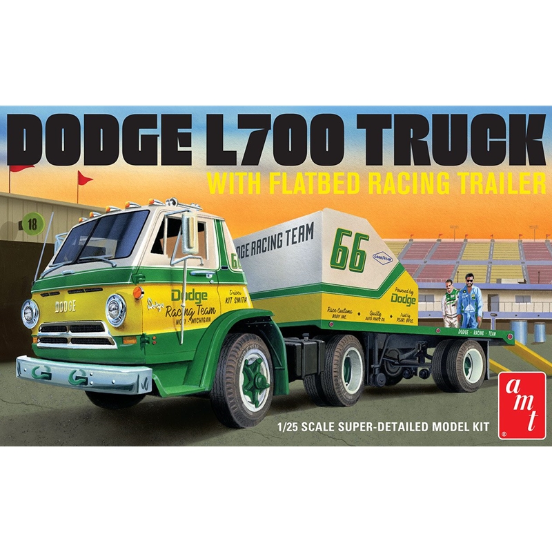 AMT1368 1966 Dodge L700Truck w/Flatbed Racing Trailer 1:25