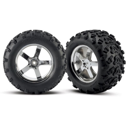 TRA4973R Traxxas Tires & wheels, assembled, glued (Hurricane chrome wheels, Maxx® tires